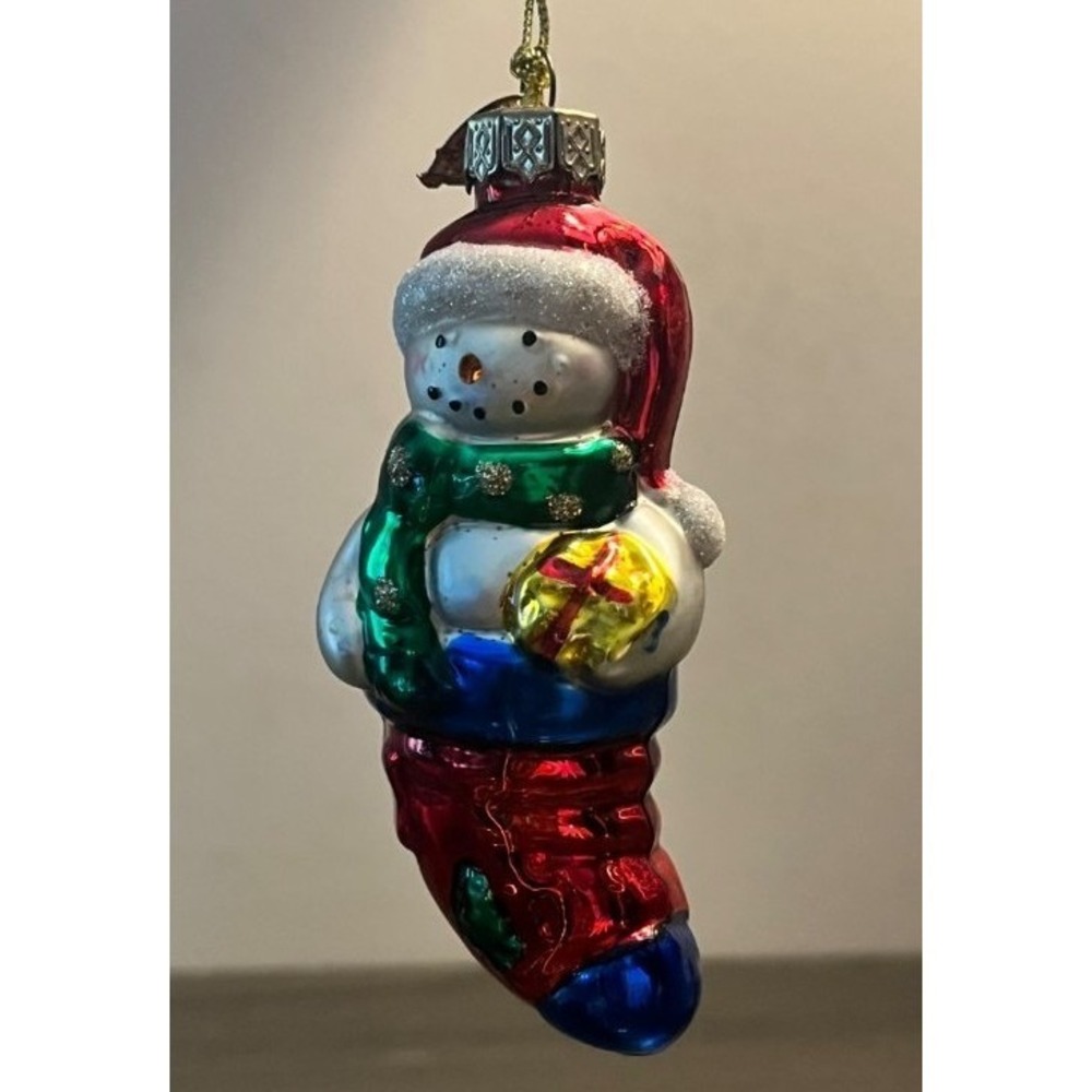 Thomas Pacconi Classics Snowman in Christmas Stocking Blown Glass Ornament 4"
